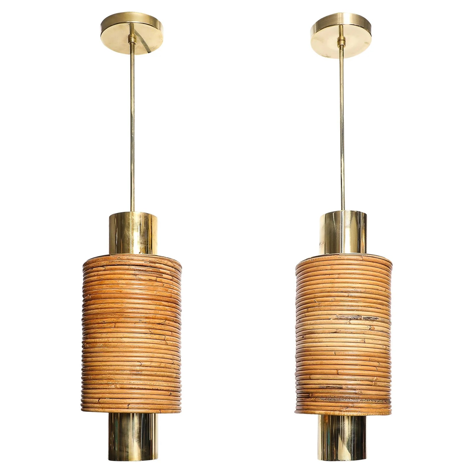 Mid-Century Tiered Cylindrical Pendants in Wrapped Rattan and Polished Brass — Furniture — resale