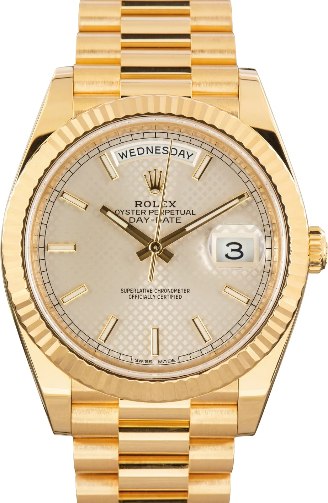 Yellow Gold Rolex Day-Date 40 Ref 228238 Silver Diagonal Motif Dial 2