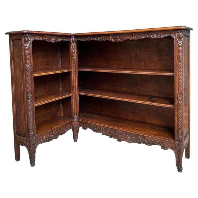 Antique French Corner Bookcase Carved Louis XV Revival Open Shelves c1920 — Furniture — resale