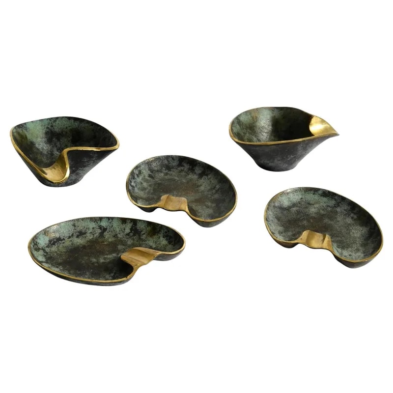 Beautiful Very Rare Five Midcentury Heavy Brass Table Ashtrays by Carl Aubock — Furniture — resale