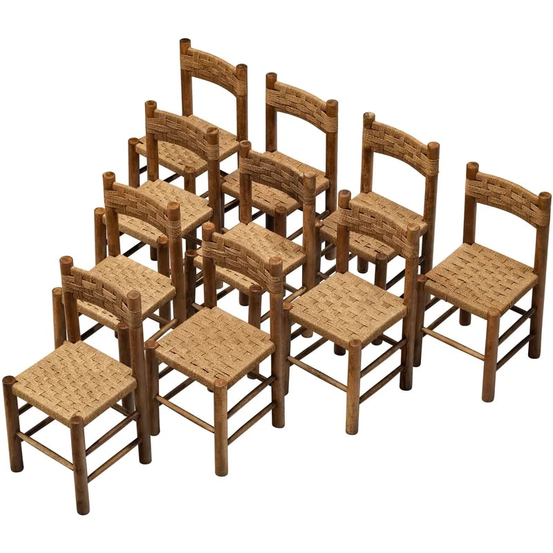 French Mid-Century Rustic Modern Dining Chairs in Wood and Rush — Furniture — resale