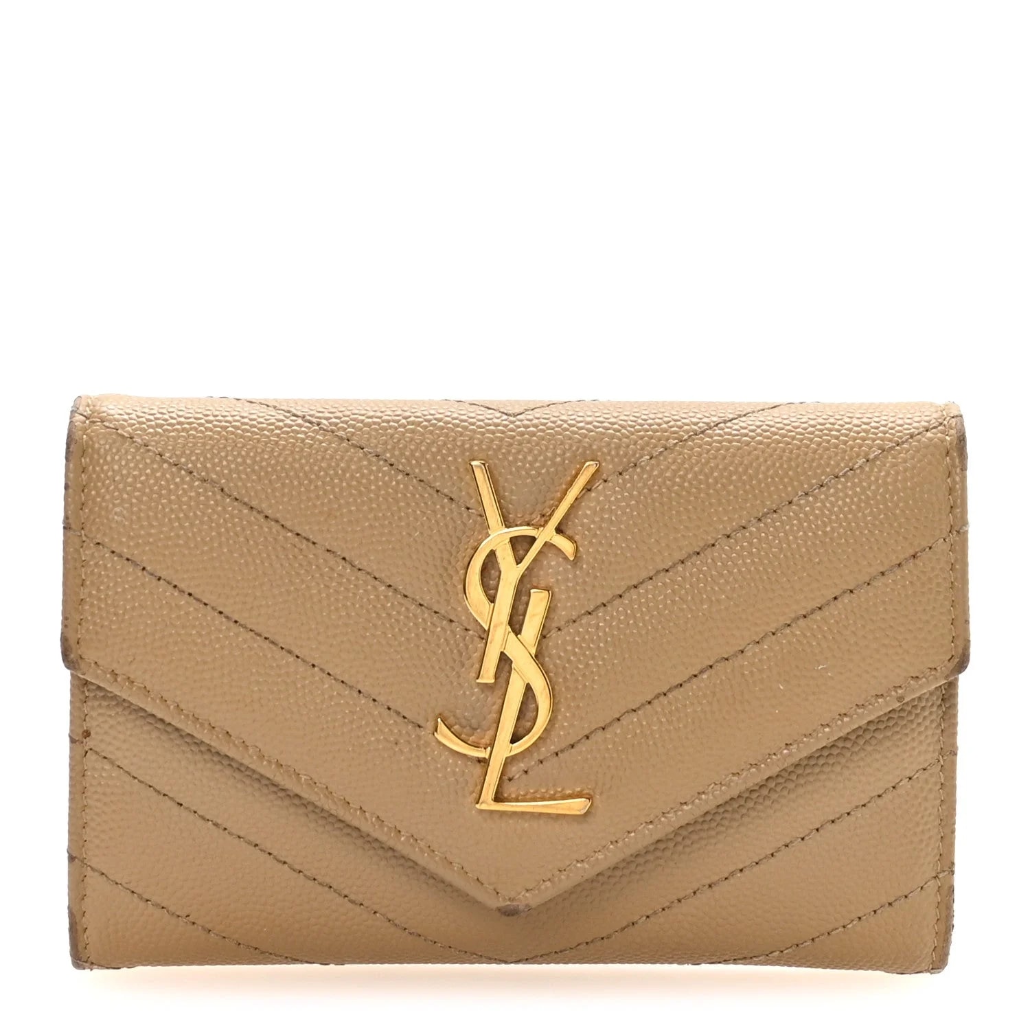 Saint Laurent — Grain de Poudre Chevron Small Envelope Wallet Dark Latte — Accessory — resale