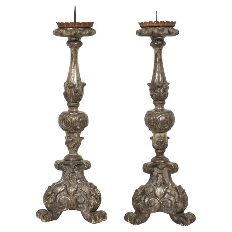 Couple of 18th Century Italian Baroque Carved Wooden Candlesticks, Circa 1750 — decorative_object — resale