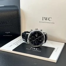 IWC Portofino Chronograph Day-Date Black Dial Black Leather Strap Box Papers 3
