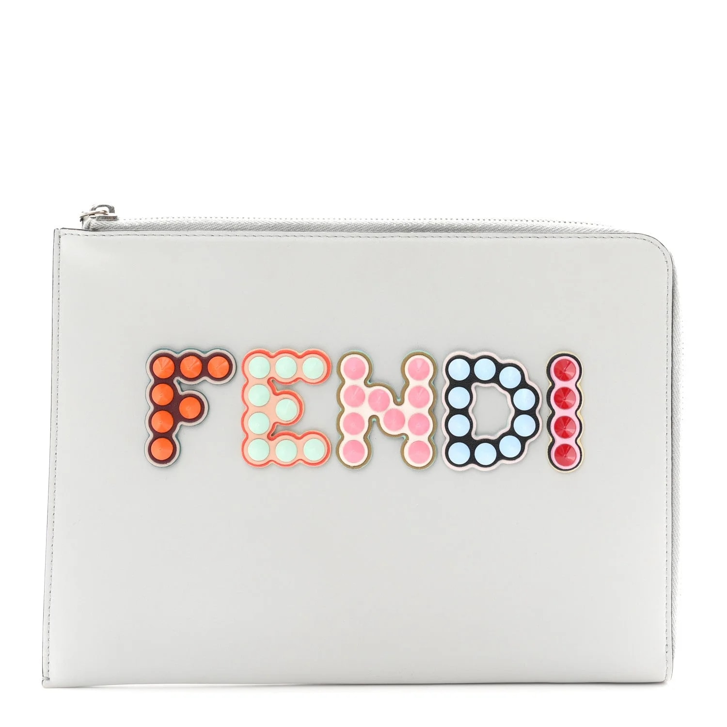 Fendi — Vitello Liberty Fun Fair Studded Zip Around Pouch Grigio Perla — Accessory — resale