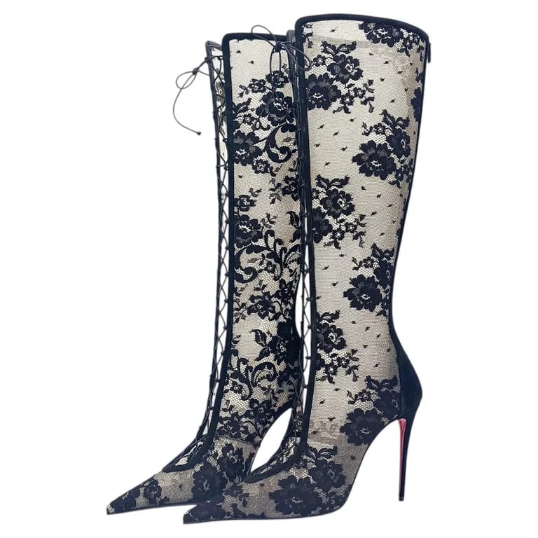 Christian Louboutin — Christian Louboutin KM Lace Botta 100 Pointed Toe Knee High Stiletto — Designer Shoe — resale