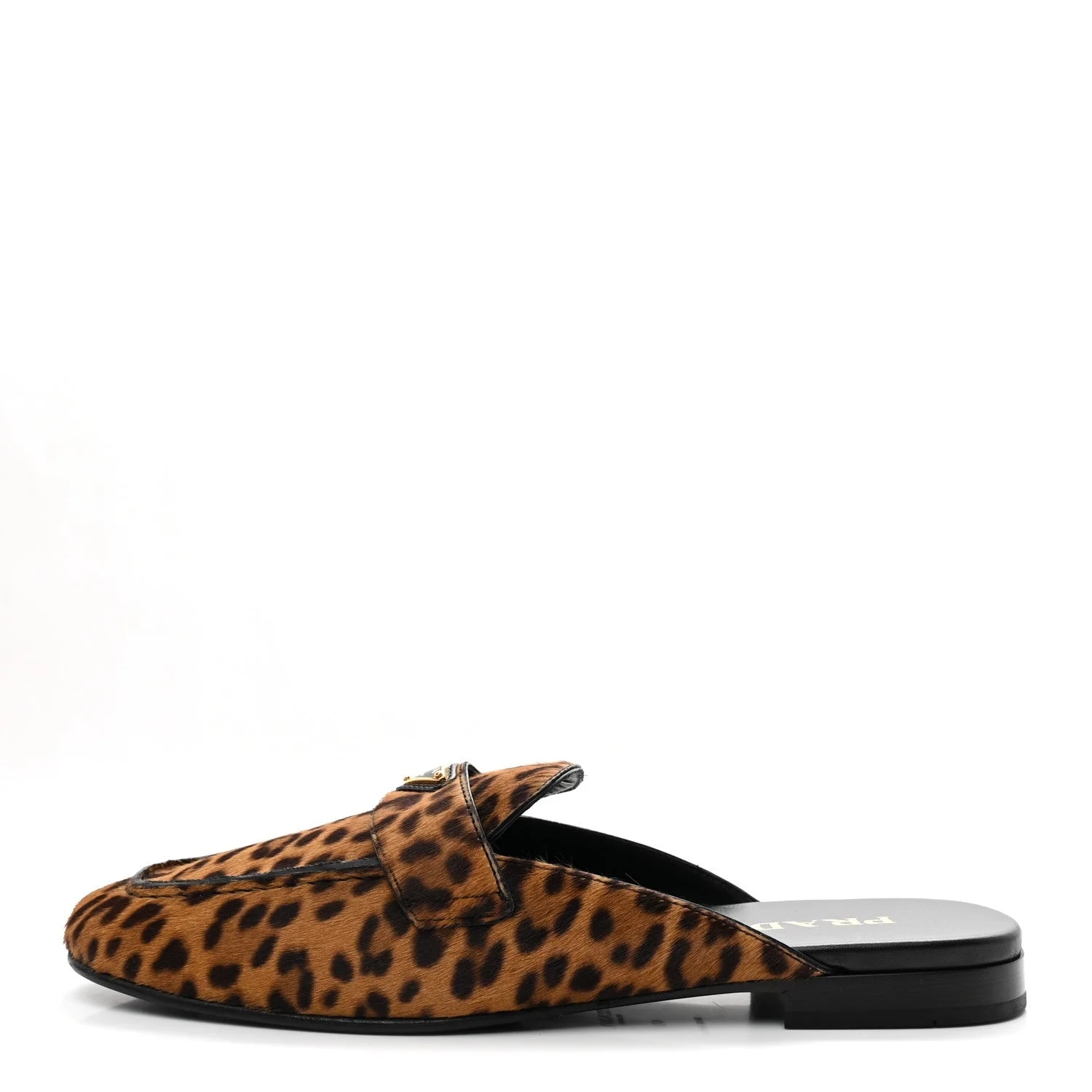 Prada — Pony Hair Leopard Metal Triangle Logo 10mm Mules 40 — Designer Shoe — resale