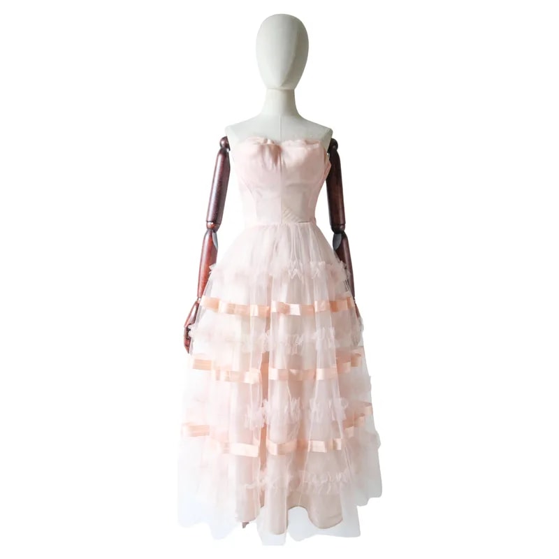 Vintage 1950s Pink Tulle Strapless Dress Satin Ribbon — Clothing — resale