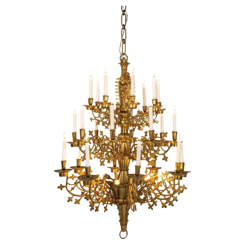 Monumental Antique Cast and Polished Brass Neogothical Three Tier Chandelier 2