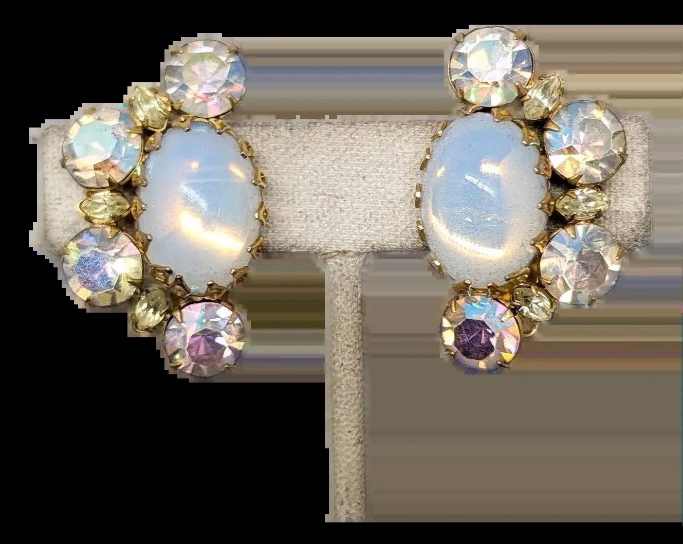 Hattie Carnegie — 1950s Signed Hattie Carnegie Cabochon Faux-Moonstone & Aurora Borealis Clip -2 Pieces — Jewelry — resale