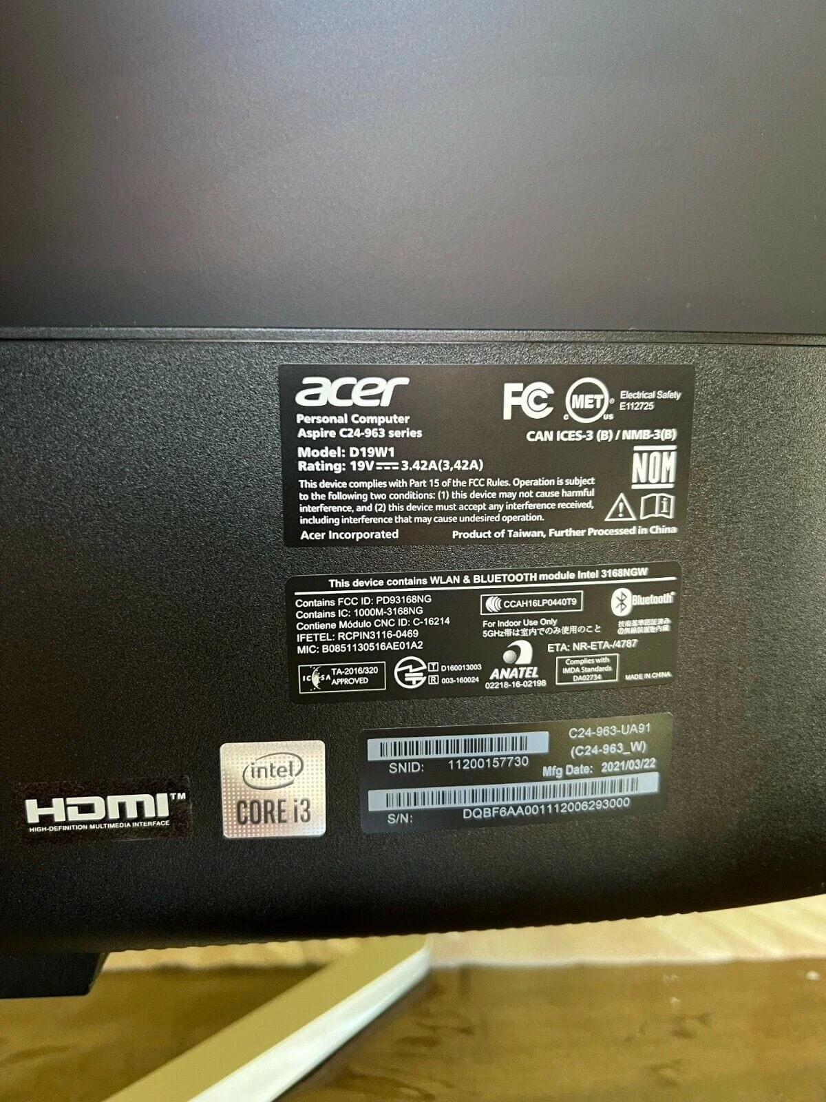 Acer Aspire C24-963-UA91 D19W1 AIO Desktop Intel Core i3 10th Gen 2