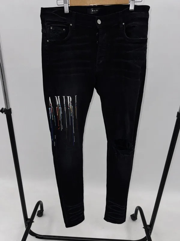 Amiri Embodered Paint Drip Core Logo Distressed Skinny Jeans — Clothing — resale