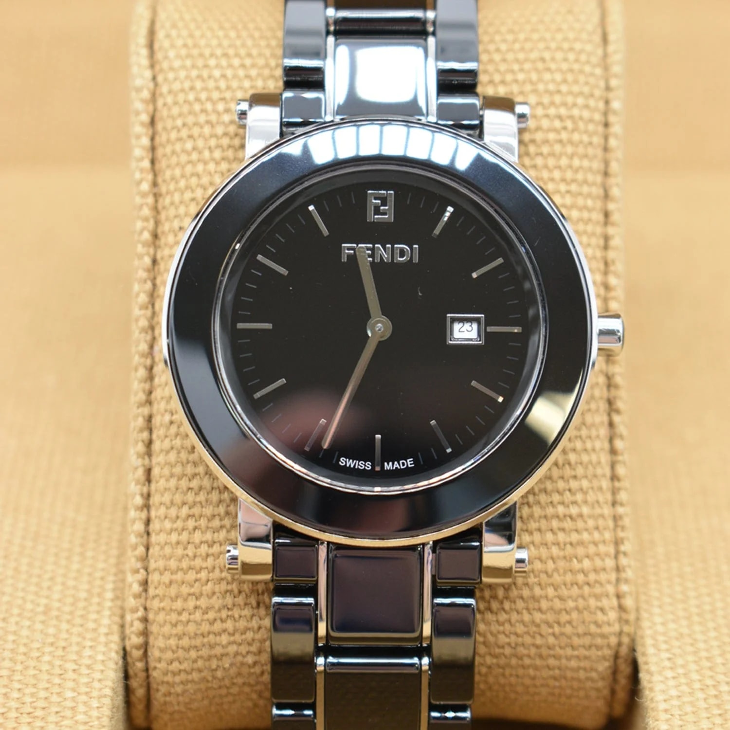 Fendi Ceramic Swiss Analog SS Bracelet Date Black Dial 37MM 2