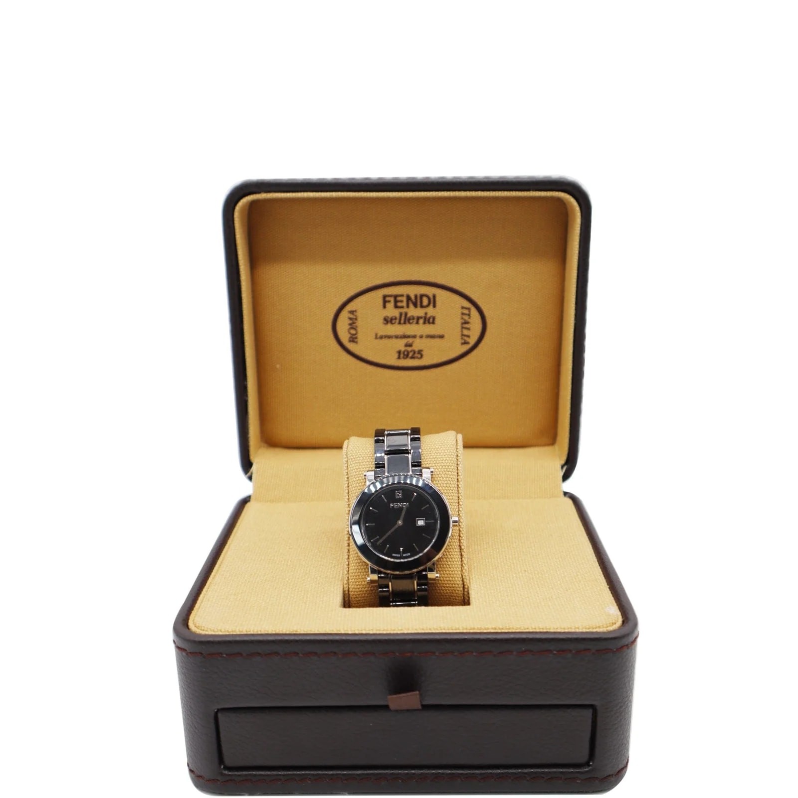Fendi Ceramic Swiss Analog SS Bracelet Date Black Dial 37MM 4
