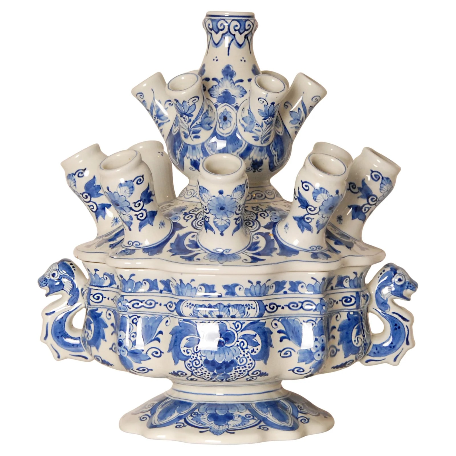 Royal Delft Tulip Vase Tulpiere Blue & White Earthenware Spout Vase Dragon Handle — decorative_object — resale