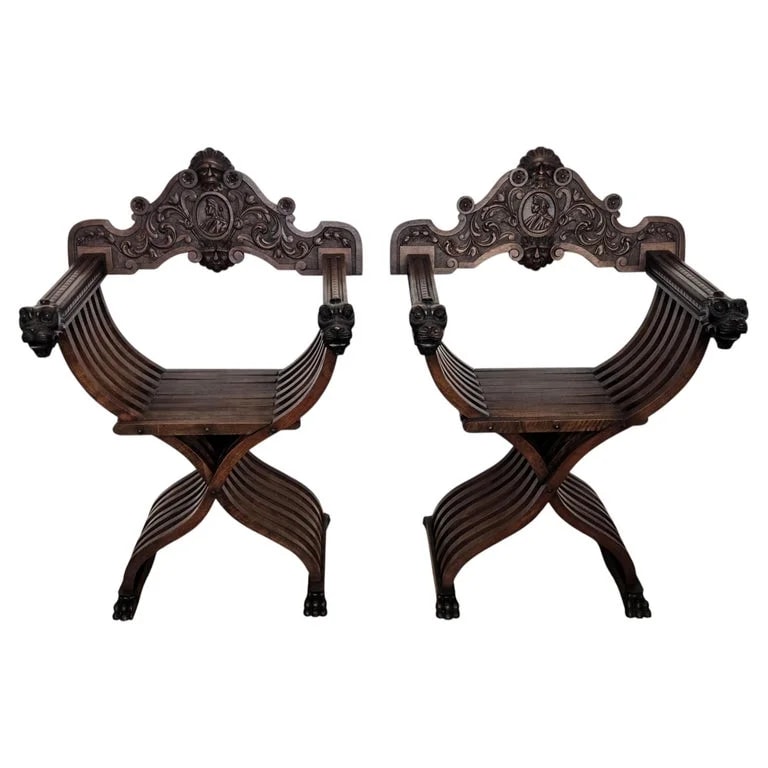 Pair of Italian Savonarola Armchaira in Amazingly Carved — Furniture — resale