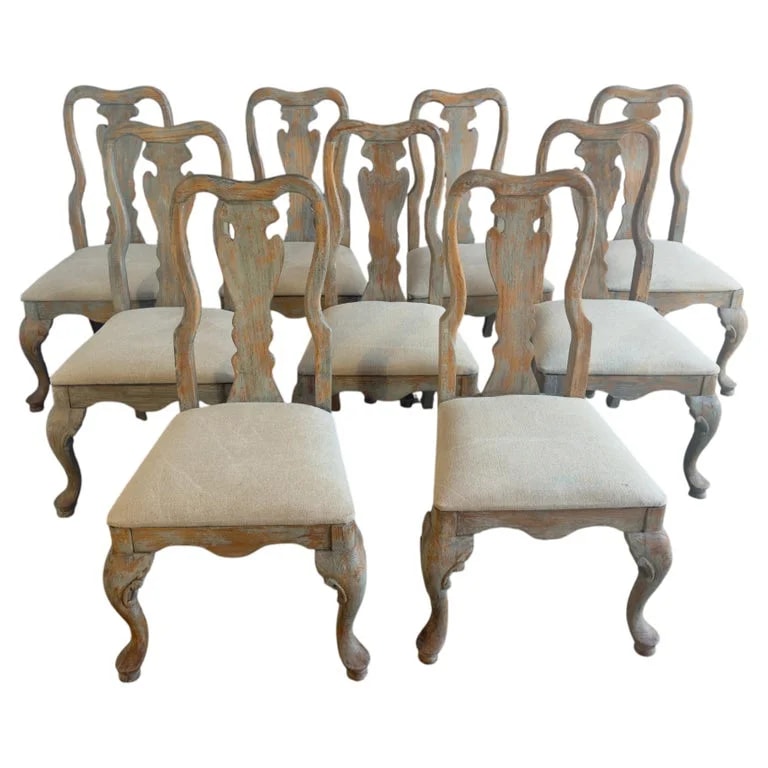 Queen Anne — Gustavian Queen Anne Dining Set of Ten, Hand-Distressed Oak — Furniture — resale