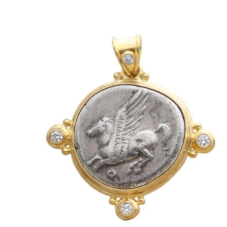 Steven Battelle — Ancient Greek Corinth 4th Century BC Pegasus Coin Diamonds — Jewelry — resale