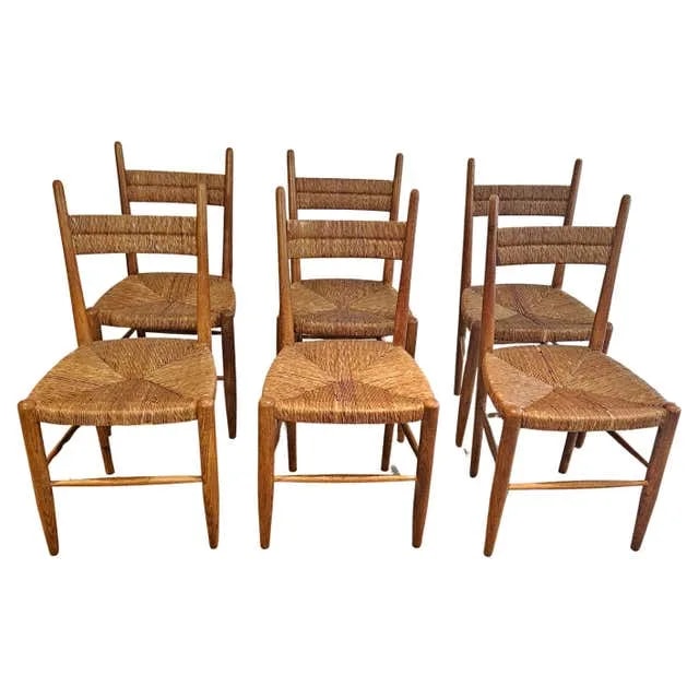 Set of 6 French Chairs in Teak and Straw Woven Seatings — Furniture — resale