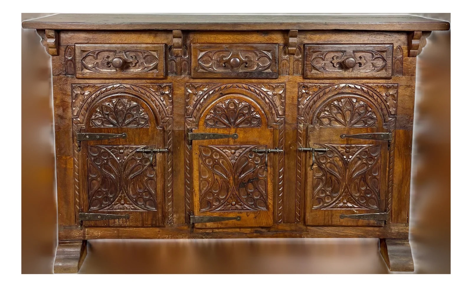 Spanish Carved Sideboard Cabinet With Three Doors and Drawers, 1860s — Furniture — resale