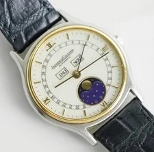 Jaeger-LeCoultre — Jaeger-LeCoultre Master Moon Phase Day/Date Auto Black Leather Strap SS — Watch — resale