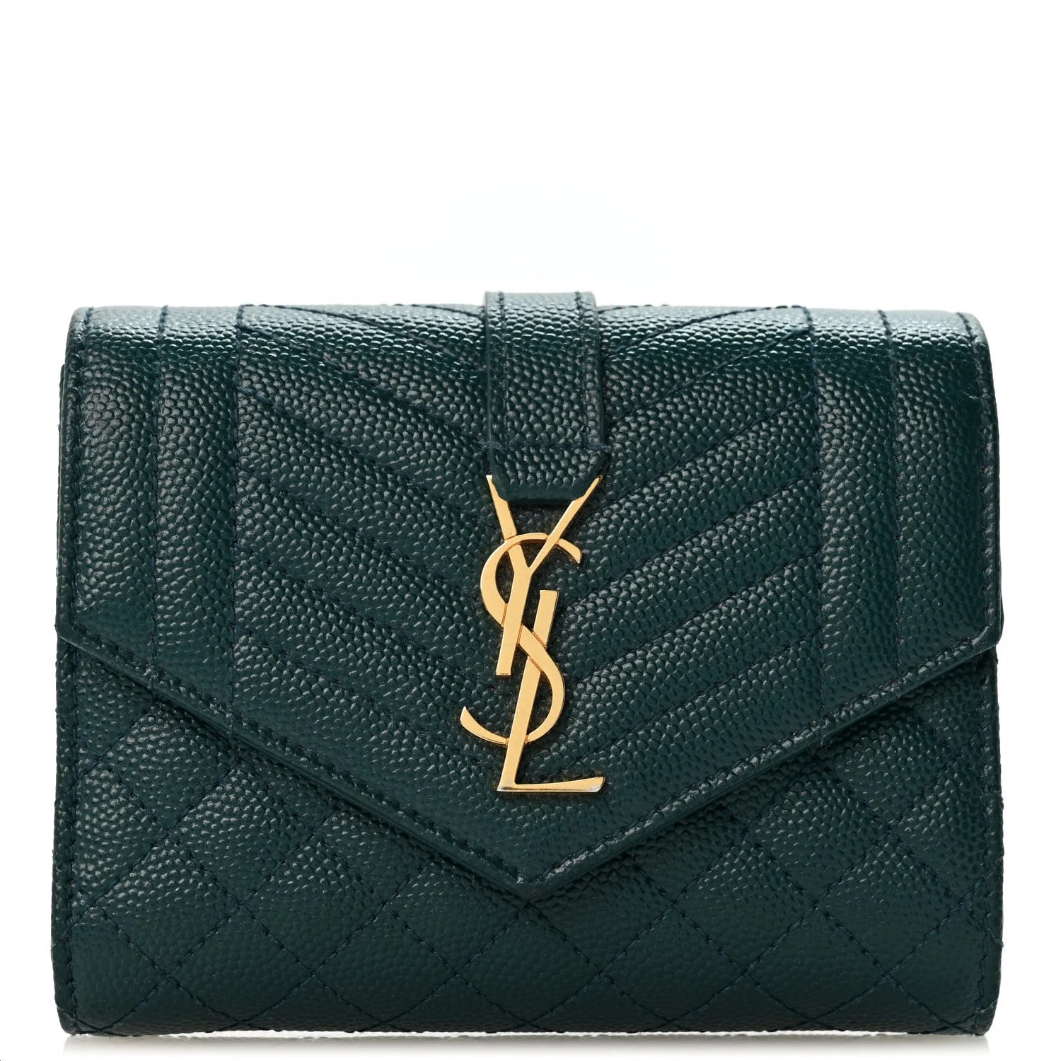 Saint Laurent — Grain de Poudre Mixed Triquilt Compact Tri Fold Wallet Sea Turquois — Accessory — resale