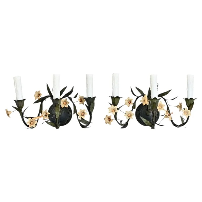 Italian Vintage — Italian Pair of Tole Floral Wall Sconces — lighting — resale