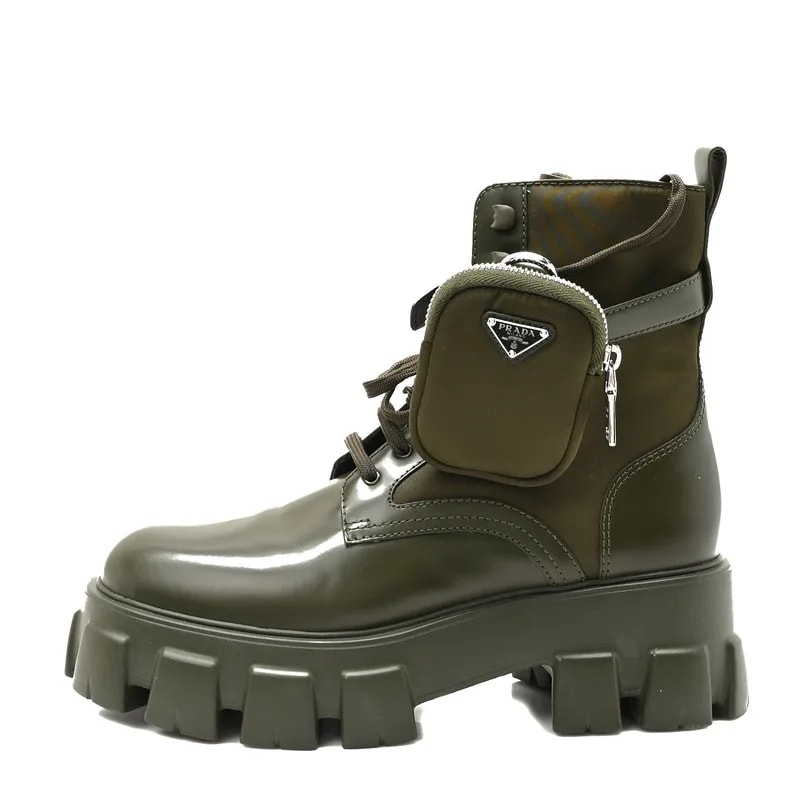 Prada — Spazzolato Rois Metal Triangle Logo Monolith Pouch Pocket 55mm 41 Militare — Designer Shoe — resale