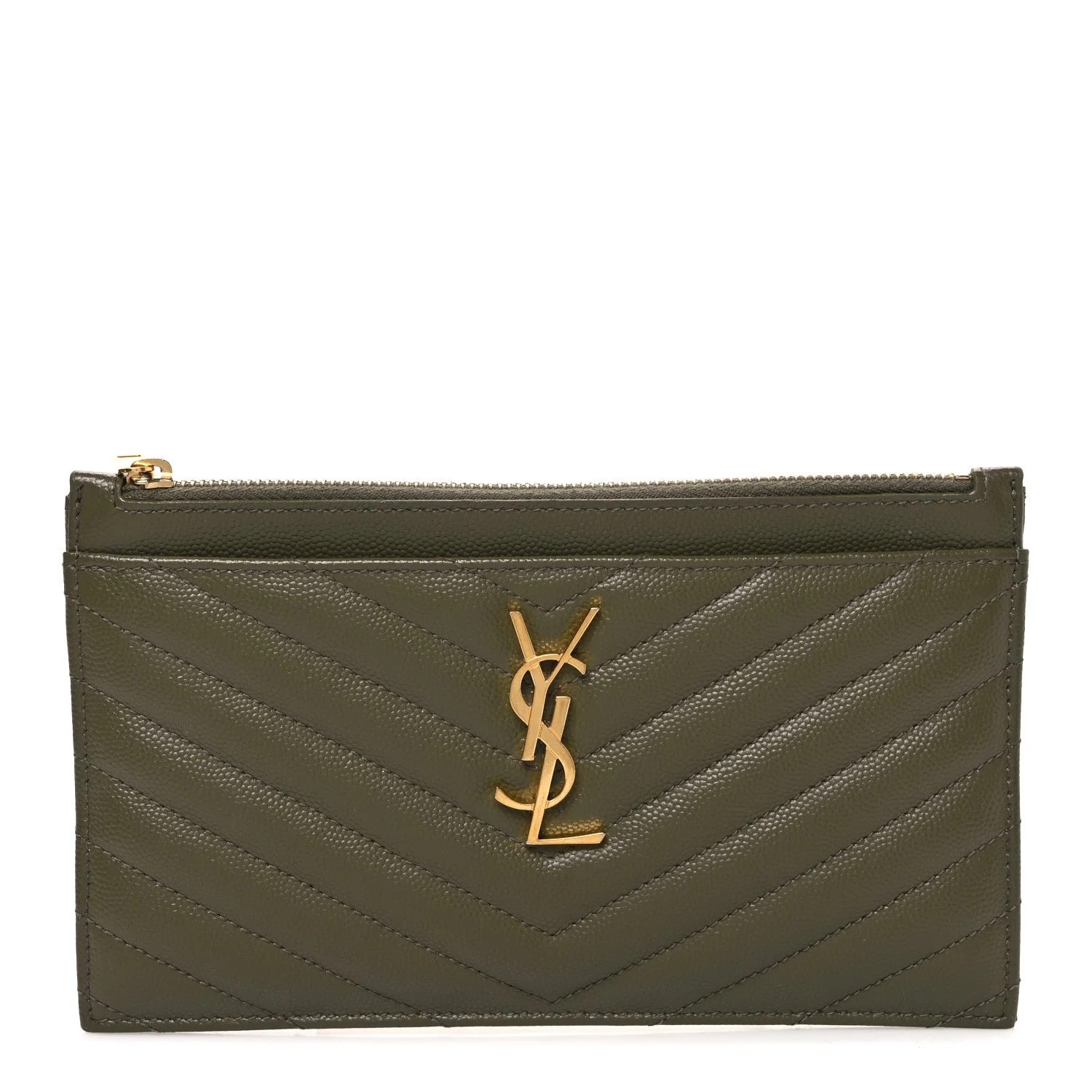 Saint Laurent — Grain de Poudre Chevron Bill Pouch Kaki — Accessory — resale