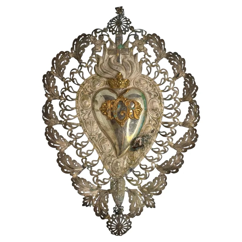 Antique Large Sacred Heart Ex Voto, Flaming Heart, PGR per Grazia Ricevuta — Furniture — resale