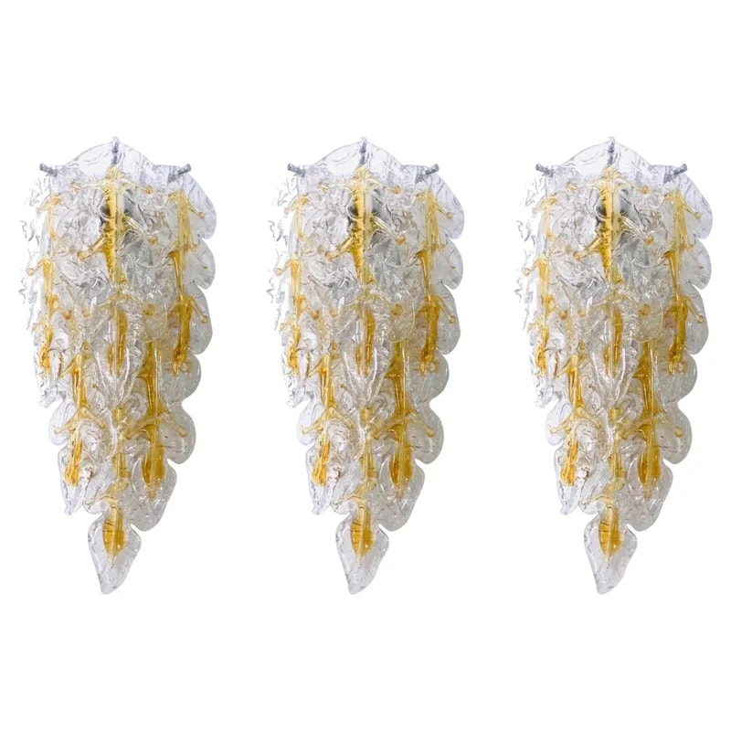 Italian Long Midcentury Set of Three of Murano Wall Sconce by Mazzega 1970s — lighting — resale