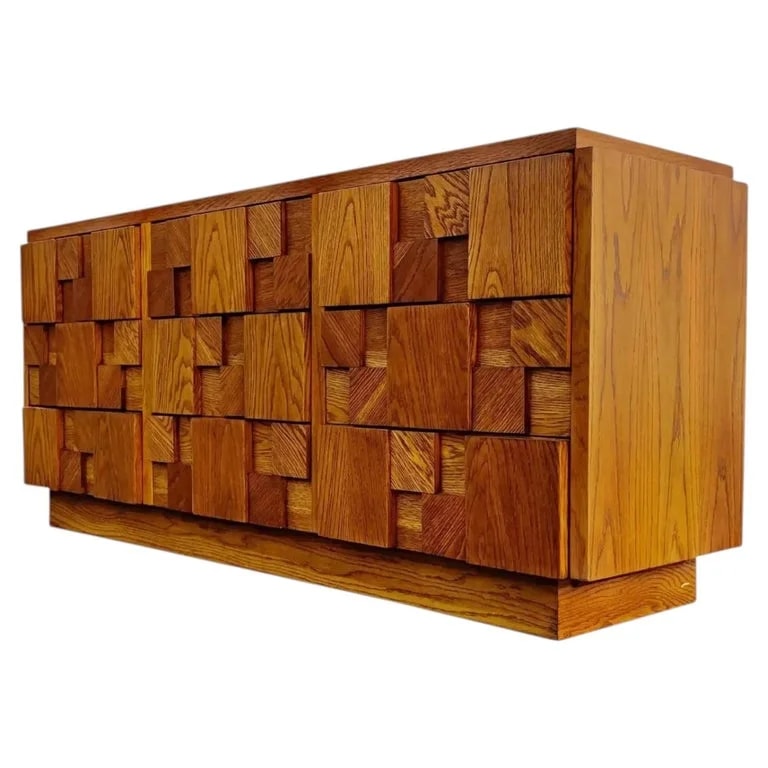 Lane Furniture — Restored, Paul Evans Style, Lane Brutalist Staccato Mosaic Oak 9 Drawer Dresser — Furniture — resale