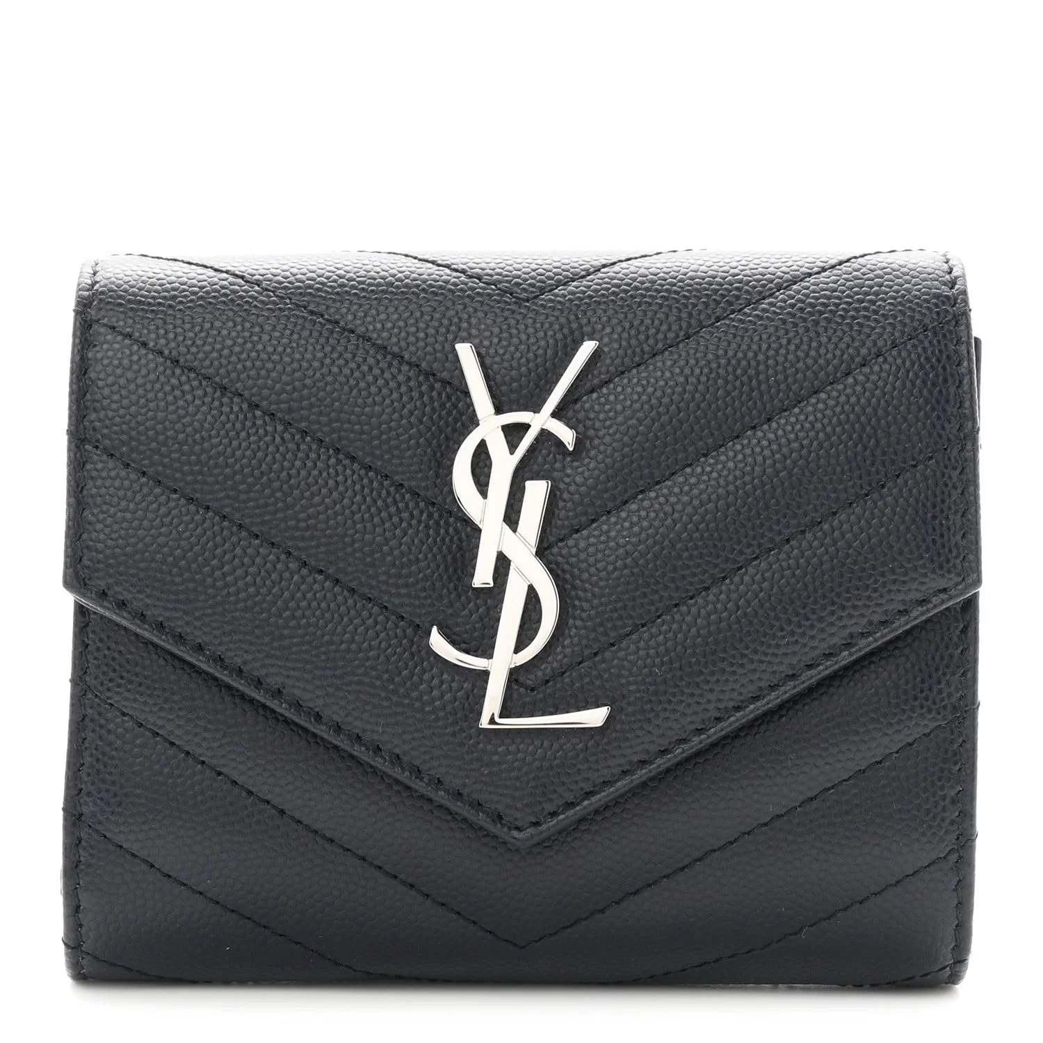 Saint Laurent — Grain de Poudre Chevron Compact Tri Fold Wallet Deep — Accessory — resale