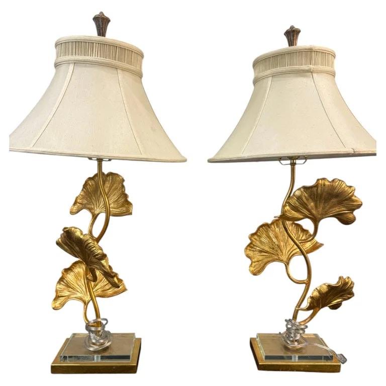 Pair of Gilt Ginkgo Leaf Lamps With Shades — Furniture — resale