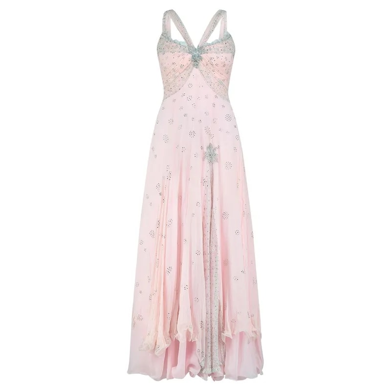1990s Bespoke Pink Silk Maxi Dress with Rhinestones and Silver Lace — Clothing — resale
