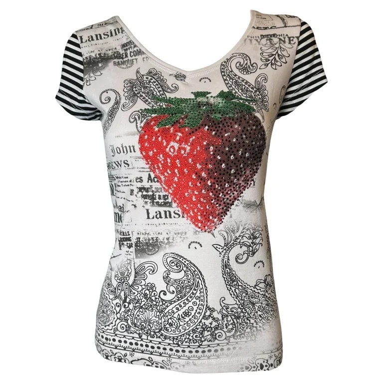 Dolce & Gabbana — D&G Striped Rhinestone Strawberry Tee, Early 2000s — Clothing — resale