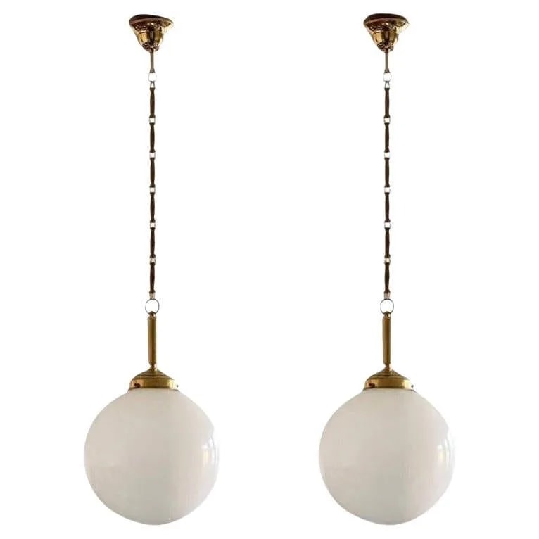 Pair of Italian Art Deco Hand Blown Opaline Glass Brass Pendants, 1940s — Furniture — resale