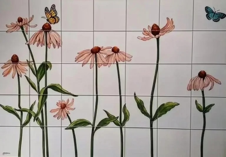 Portuguese Outdoor Tile Mural "Coneflowers" Hand Painted & Signed By Artist — Furniture — resale