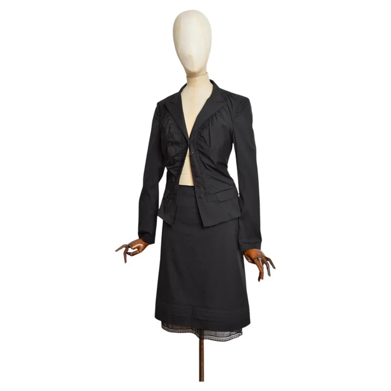 Prada — 2007 Prada Pleated Cotton Blazer Jacket and Midi Skirt Suit Set — Clothing — resale