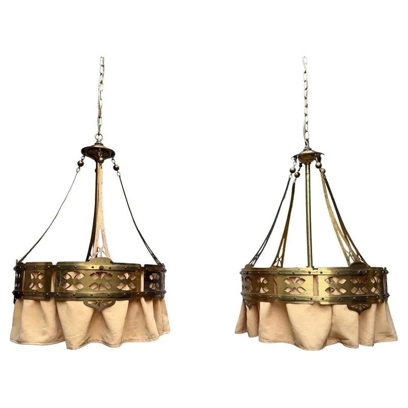 Rare Pair of Dutch Arts & Crafts Hand-Crafted Brass Pendant Lights w/ Warm Patina — Furniture — resale