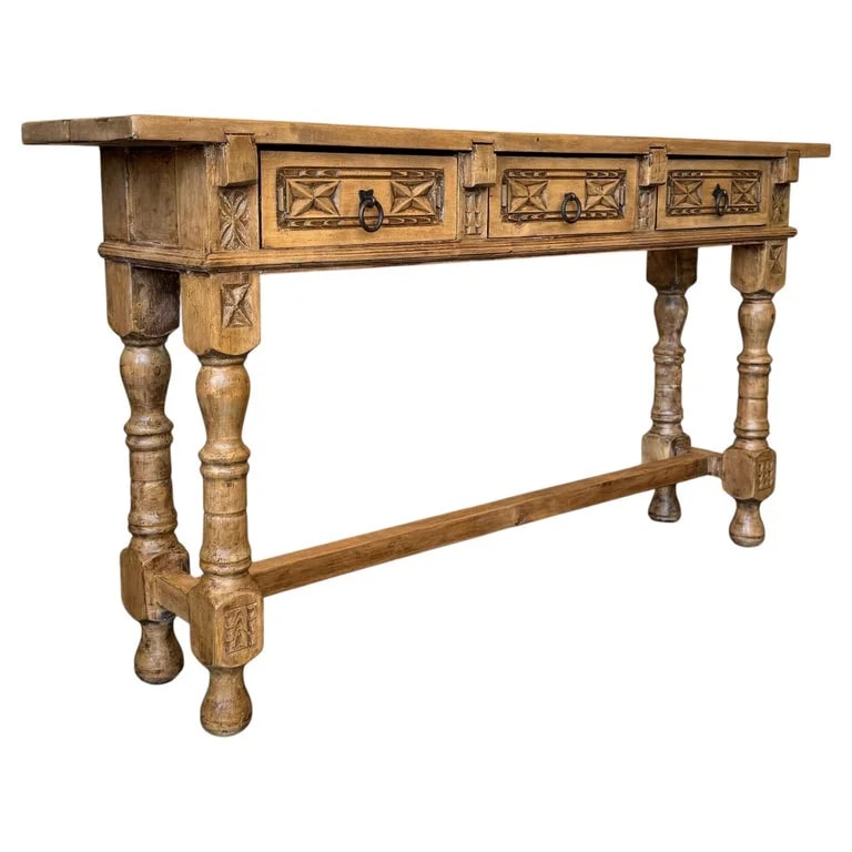 Antique Spanish Carved Light Console With Three Drawers — Furniture — resale
