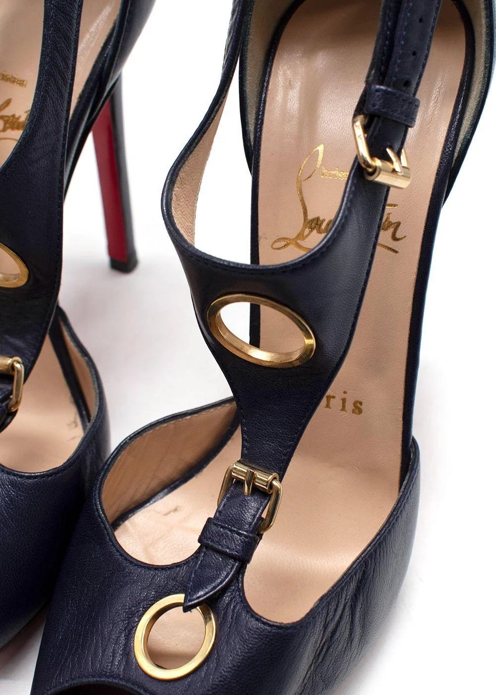 Christian Louboutin — Christian Louboutin Peep-Toe T-Strap With Hardware — Designer Shoe — resale