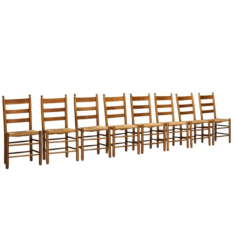 Rustic Set of Eight Dining Chairs in Solid Oak and Straw 2
