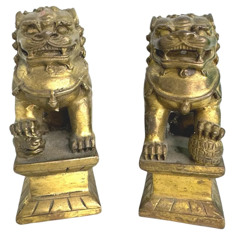 Pair of Foo Dog Bronze Figure Statues Paperweight, Asia, Vintage — Accessory — resale