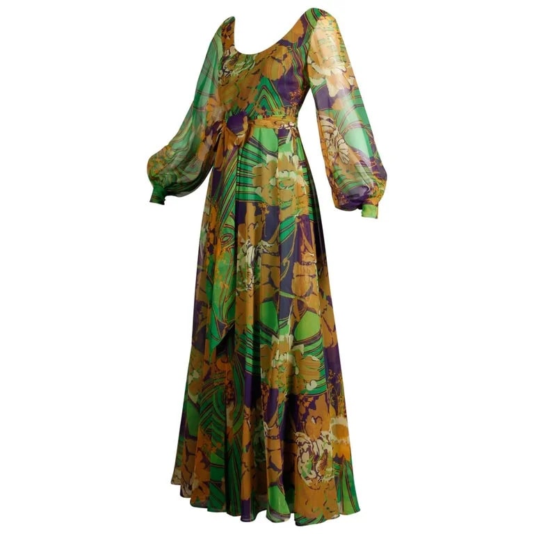 1970s Tropical Print Sheer Sleeves Maxi Dress With Full Sweep — Clothing — resale
