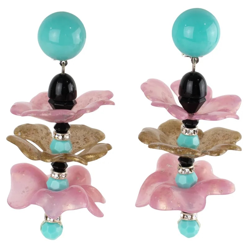 Angela Caputi — Angela Caputi and Resin Dangle Flamenco Floral Clip Earrings — Jewelry — resale
