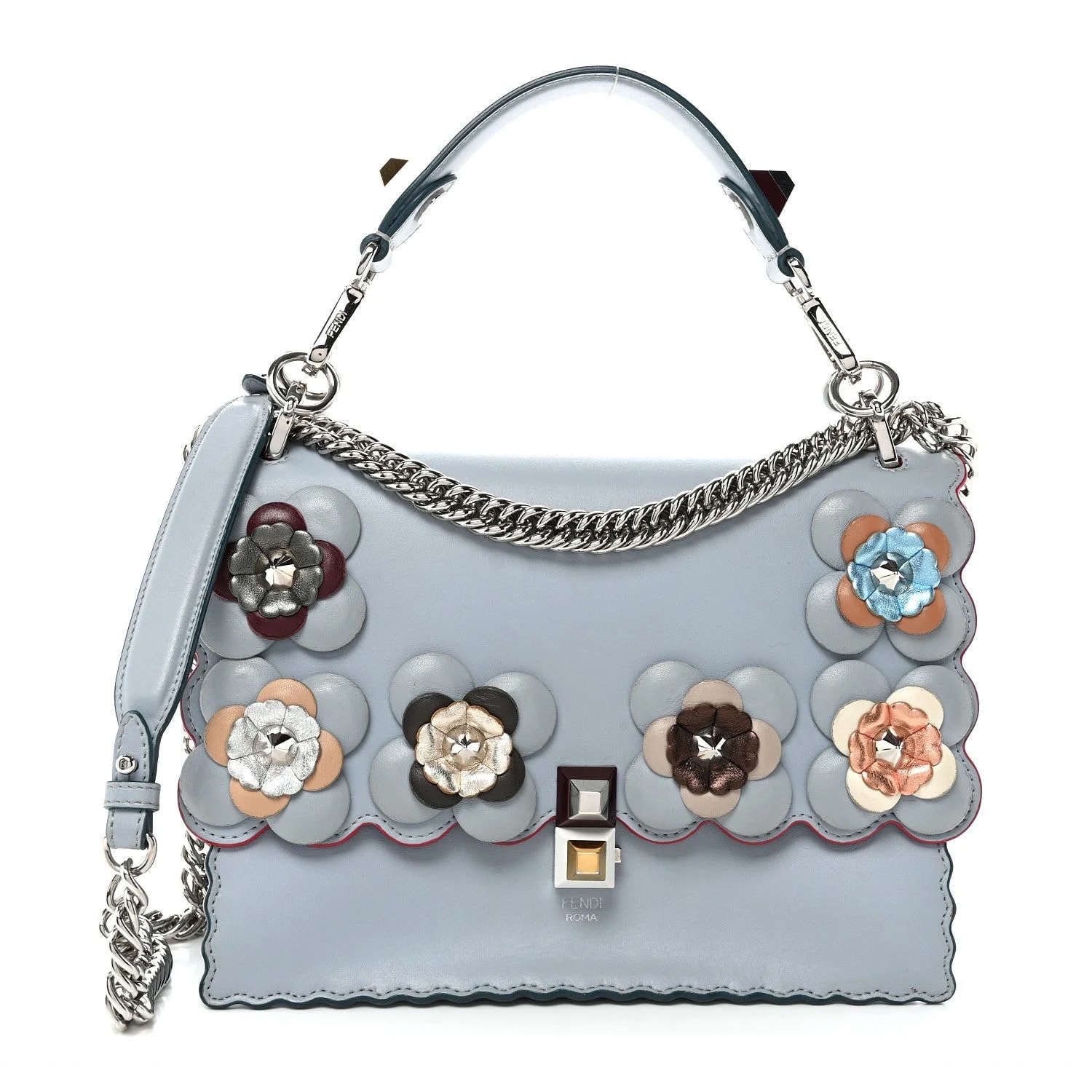 Fendi — Vitello Liberty Lucido Flowerland Scalloped Studded Kan I Azzurro Polvere — Handbag — resale