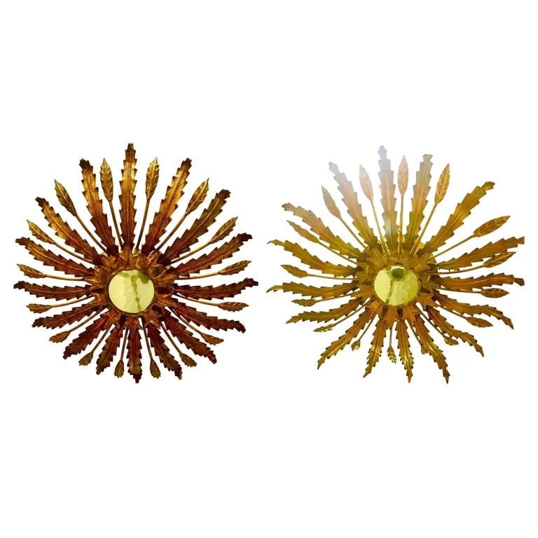Large Spanish Sunburst Flush Mount in Gilt Metal With Support Pair, Circa 1950 — lighting — resale