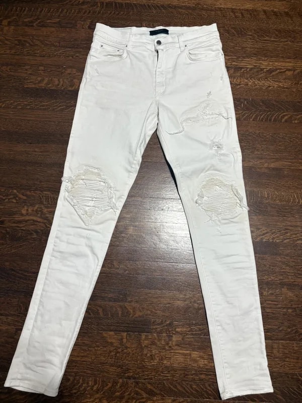 Amiri MX1 Distressed White Skinny Jeans — Clothing — resale