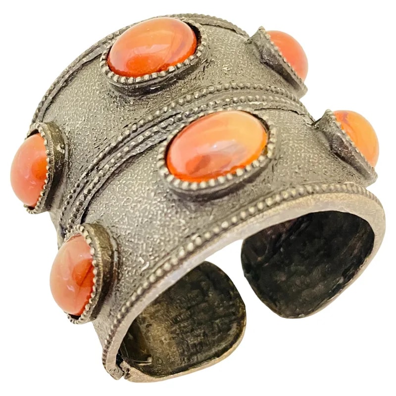 Graziano Signed Vintage Massive Silver Tone Faux Carnelian Cuff Bracelet 2